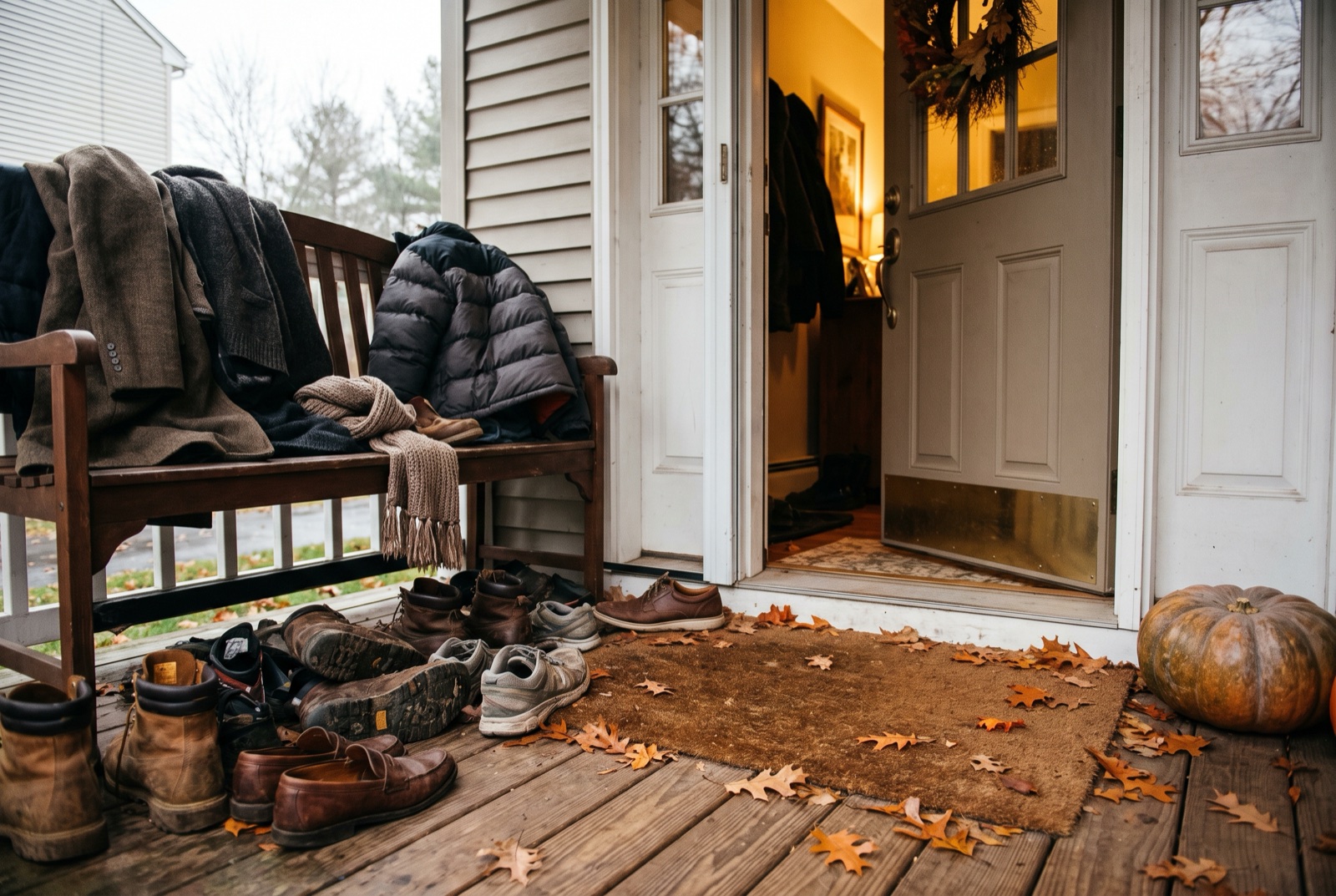A front porch on Thanksgiving with shoes and coats piled beside the doormat.