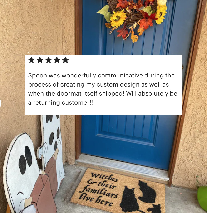 Witch & her Familiar Black Cat doormat at a decorated Halloween doormay