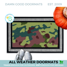 all weather doormat with a khaki camouflagecamo pattern and pumpkin