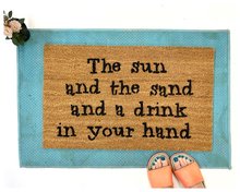 Sun sand drink in hand funny beach house doormat