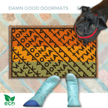 subtle fuck donald trump doormat in abstract fall color contemporary design. Black pug puppy looking up