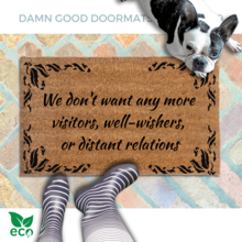 We don't want any more visitors, well-wishers, or distant relations doormat with a french bulldog looking up and cute black and white striped rainboots