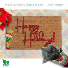 Happy Holidays! Elf Christmas shown witha. black pug puppy in a christmas sweater
