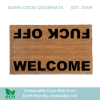 natural coir doormat reading WELCOME and FUCK OFF from opposite sides