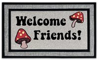 Welcome Friends psychedelic mushroom all weather doormat, recycled rubber backin