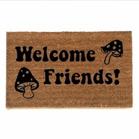 coir outdoor doormat with psychedelic mushrooms and words welcome friends on it