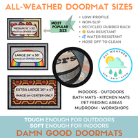 Promotional graphic for all weather welcome mats, non-slip, low-profile recycled rubber back in 3 sizes up to extra large 30” x 47”