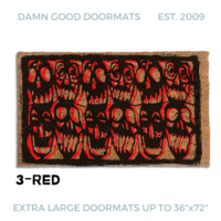 door mat with a black and red skull Halloween design inspired by the 80's cult film Desperately Seeking Susan.