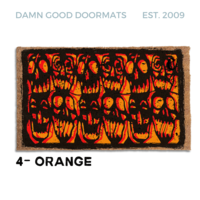 door mat with a black and orange grafitti style skull Halloween design inspired by the 80's cult film Desperately Seeking Susan.