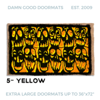 door mat with a black, yellow and orange grafitti style skull Halloween design inspired by the 80's cult film Desperately Seeking Susan.