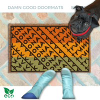 subtle fuck donald trump doormat in abstract fall color contemporary design. Black pug puppy looking up
