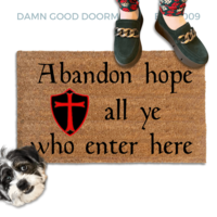 Italian Abandon hope Dante Knights Templar shield doormat with a terrier rescue dog looking up at someone wearing green shoes