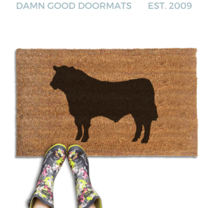 Black Angus Bull farmhouse doormat, sustainable coir welcome mat with bull design for front door entry.