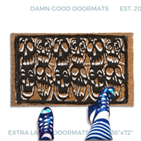a Gen X woman in a pair of striped tights and Black retro high-heeled shoes placed on a door mat with a black and white skull Halloween design inspired by the 80's cult film Desperately Seeking Susan.