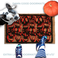 A French Bulldog and a Gen X woman in a pair of striped tights and Black retro high-heeled shoes placed on a door mat with a black and red skull Halloween design inspired by the 80's cult film Desperately Seeking Susan.
