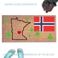 Custom doormat design with the outline of Minnesota and a flag of Norway pictured with a black pug Damn Good Doormats