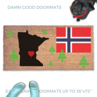 Custom doormat design with the outline of Minnesota and a flag of Norway Damn Good Doormats