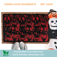 Retro red skulls Halloween doormat in black and red, horror-style welcome mat for front door