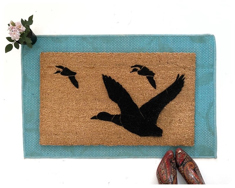 Migratory ducks in flight doormat, fall porch decor, outdoor Damn good doormats