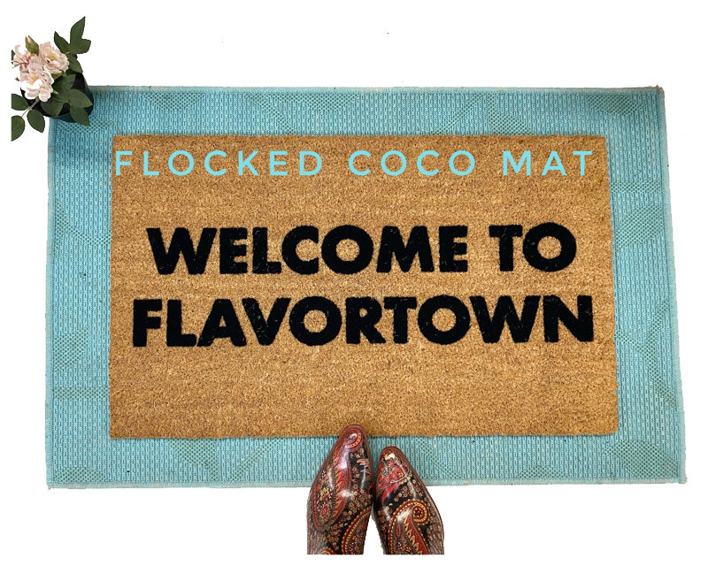 Guy Fieri quote "Welcome to Flavortown" on a natural coir doormat