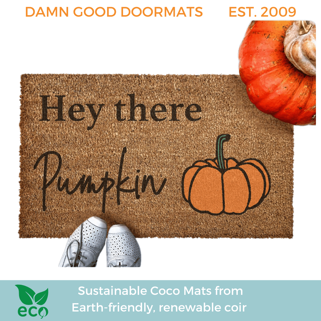 lifestyle photo Hey there Pumpkin coir outdoor Doormat with cute white shoes