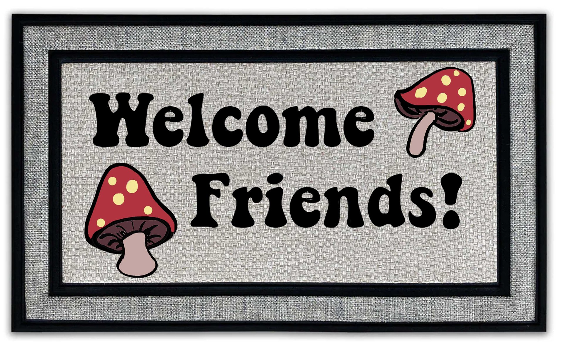 Welcome Friends psychedelic mushroom all weather doormat, recycled rubber backin