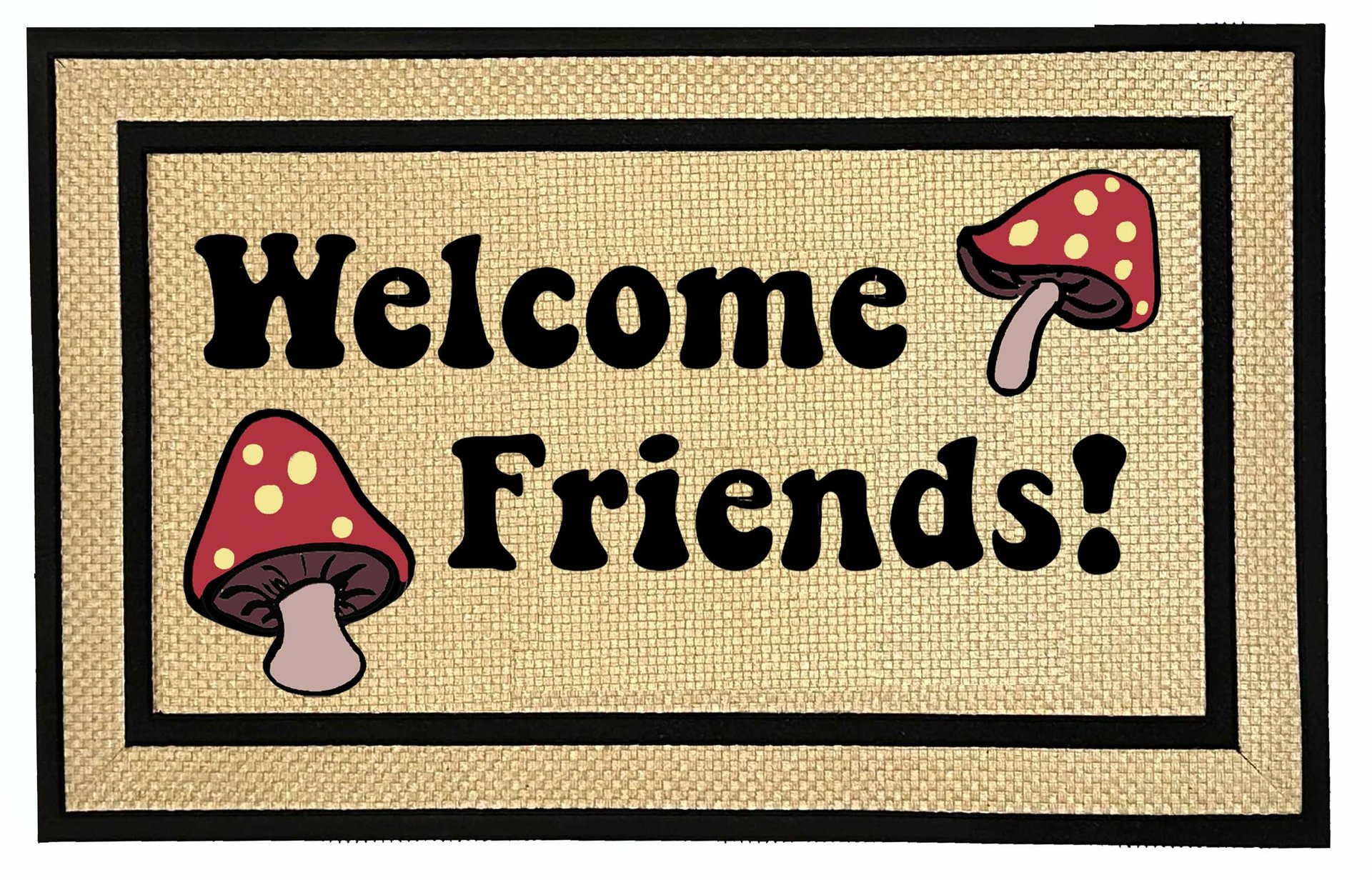 Welcome Friends psychedelic mushroom all weather doormat, recycled rubber backin