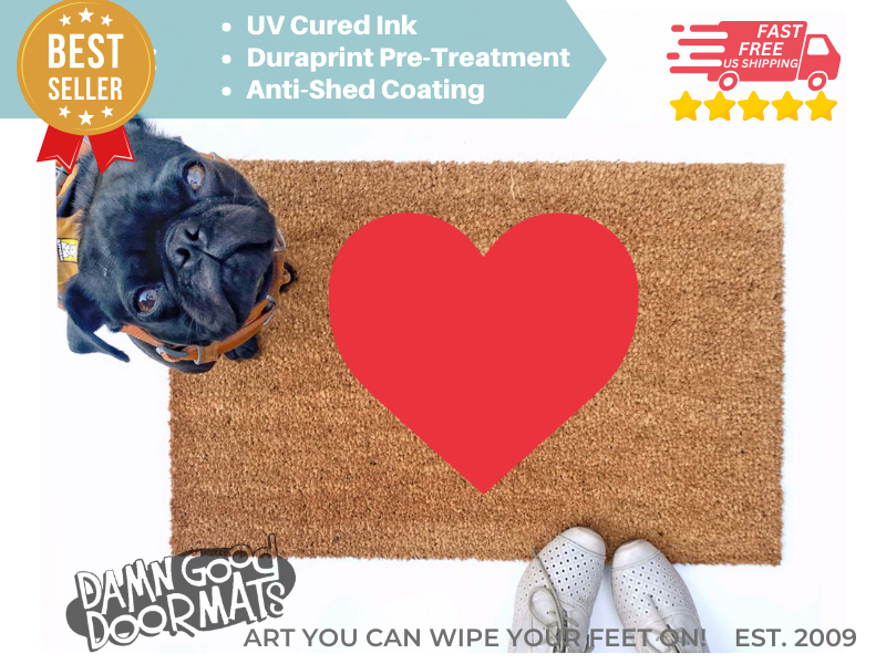 cute red heart Valentine's Day doormat shown with a little black pug