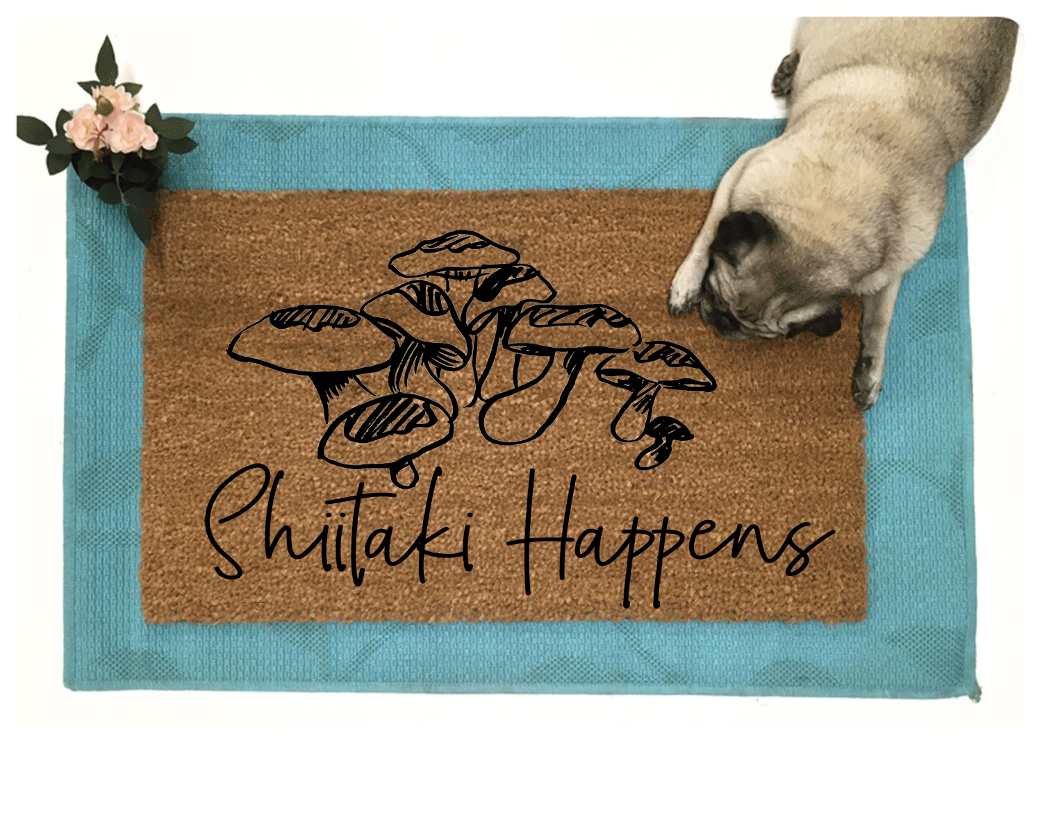 Shiitake Happens! funny mushroom mycology coir doormat with a pug