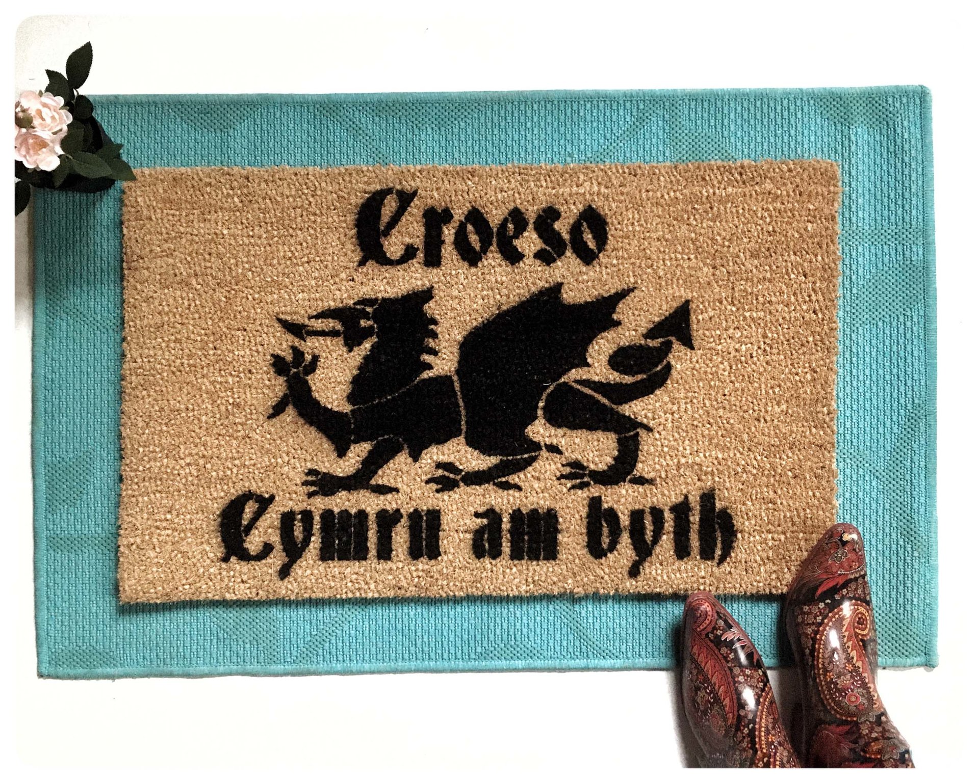Welsh Welcome- Croeso, Cymru am byth dragon doormat