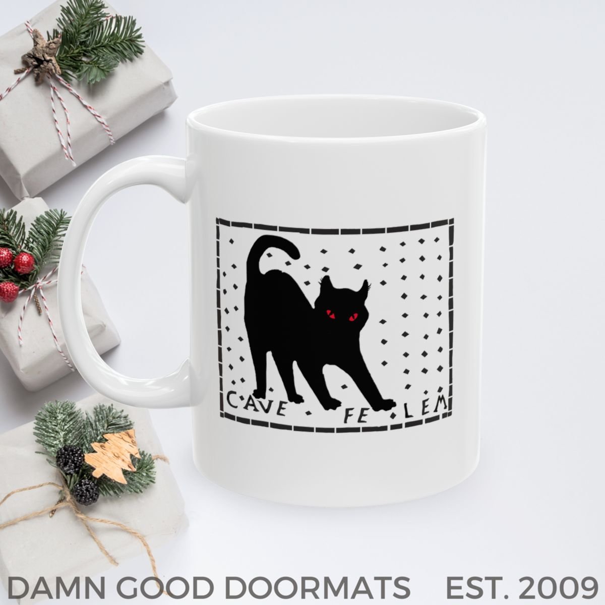 Pompeii Mosaic 'Beware of Cat' Ceramic Mug | 11oz 15oz