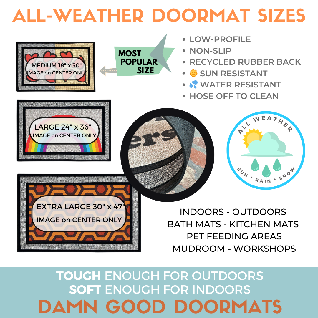Promotional graphic for all weather welcome mats, non-slip, low-profile recycled rubber back in 3 sizes up to extra large 30” x 47”