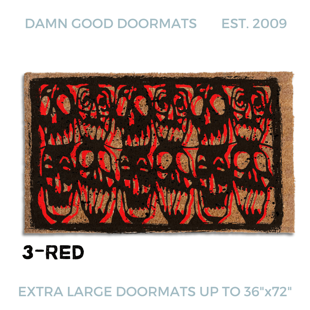 door mat with a black and red skull Halloween design inspired by the 80's cult film Desperately Seeking Susan.