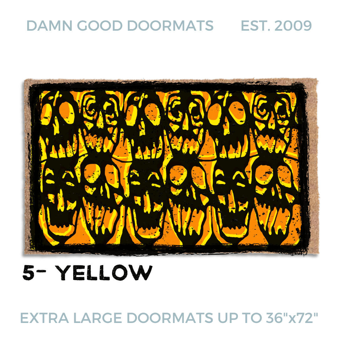 door mat with a black, yellow and orange grafitti style skull Halloween design inspired by the 80's cult film Desperately Seeking Susan.
