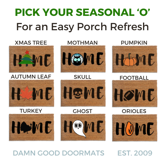 Chart of the 9 icons you can pick for the O in HOME: Christmas tree, Mothman, pumpkin, autumn leaf, skull, football, turkey, ghost and Orioles O