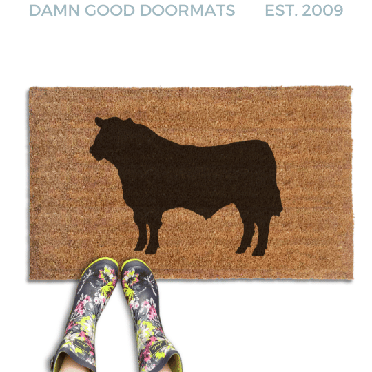 Black Angus Bull farmhouse doormat, sustainable coir welcome mat with bull design for front door entry.