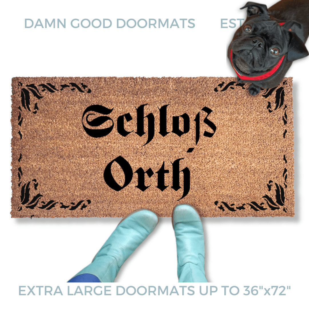 Custom Personalized name doormat with a fancy leaves border and a black pug looking up at someone oin blue boots