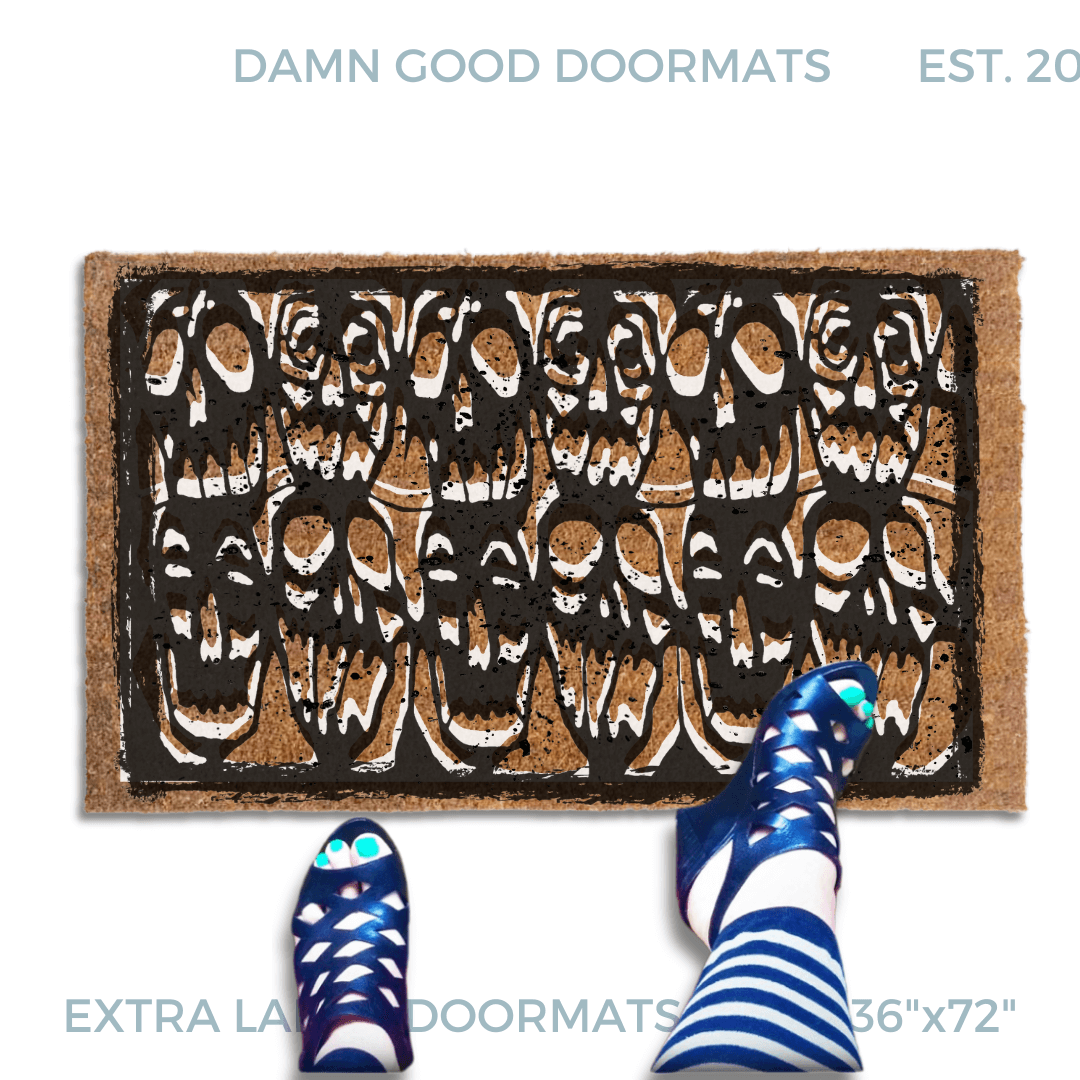 a Gen X woman in a pair of striped tights and Black retro high-heeled shoes placed on a door mat with a black and white skull Halloween design inspired by the 80's cult film Desperately Seeking Susan.