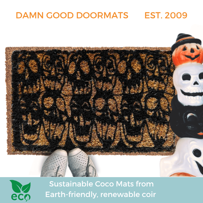 Retro red skulls Halloween doormat in black horror-style welcome mat for front door
