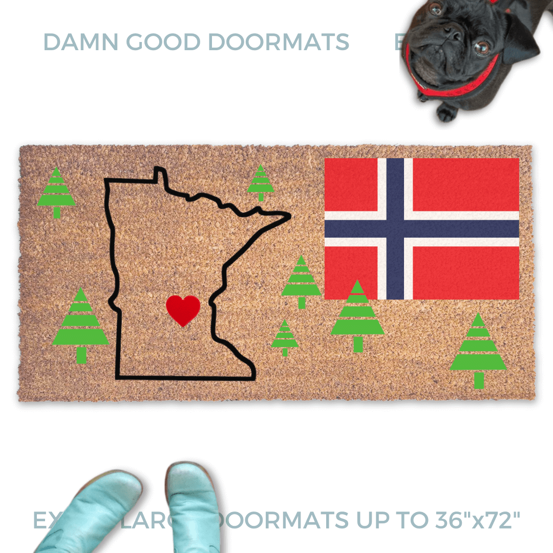 Custom doormat design with the outline of Minnesota and a flag of Norway pictured with a black pug Damn Good Doormats