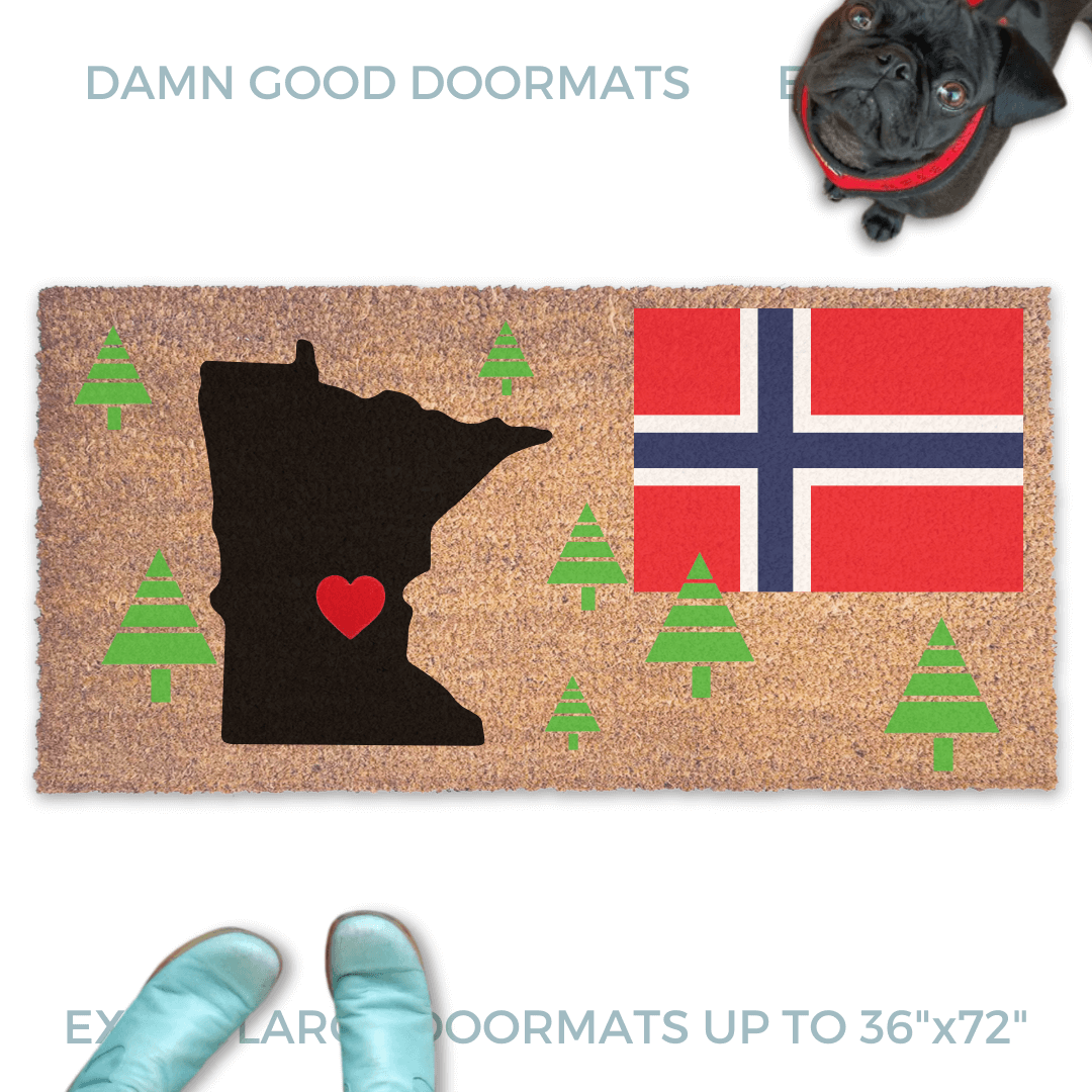 Custom doormat design with the outline of Minnesota and a flag of Norway Damn Good Doormats