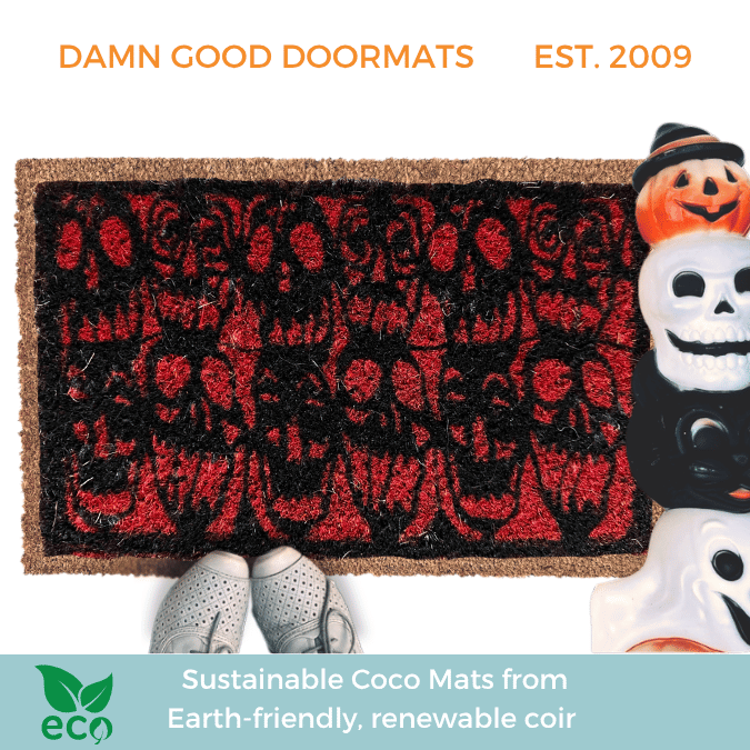 Retro red skulls Halloween doormat in black and red, horror-style welcome mat for front door