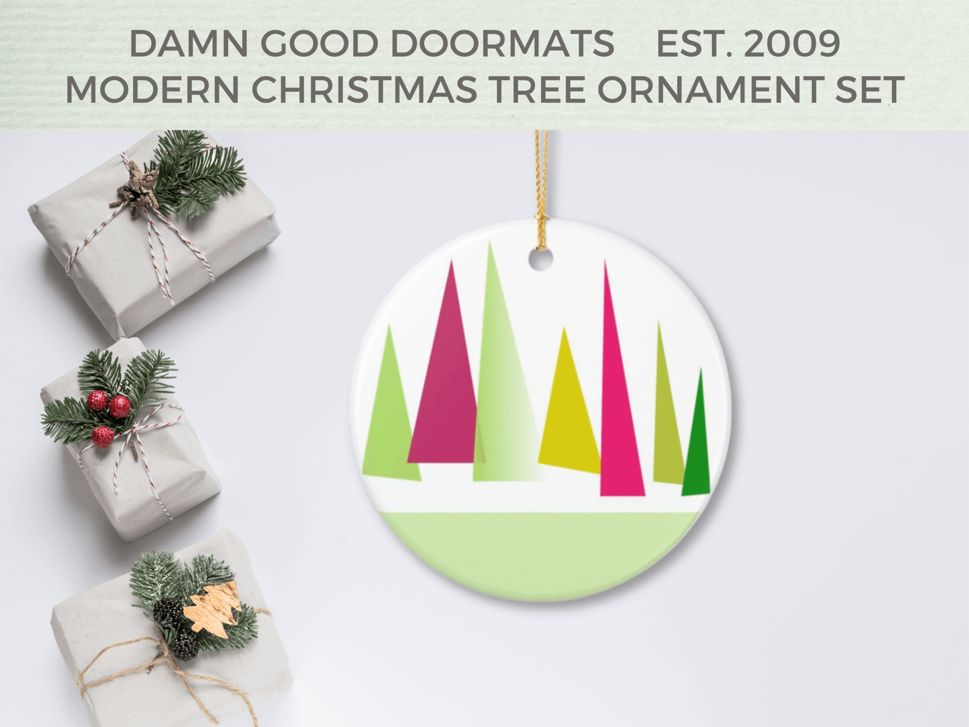 Geometric Christmas Tree Ceramic Ornament, Red Green Holiday Decoration