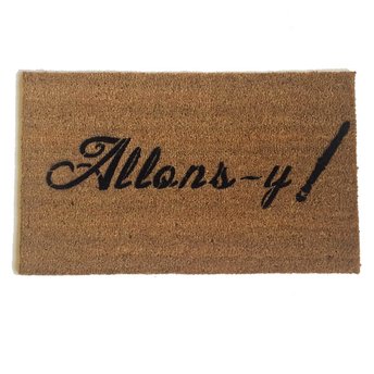 coir outdoor doormat reading allons-y with a sonic from doctor who