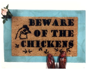 beware of chickens attack barnyard doormat