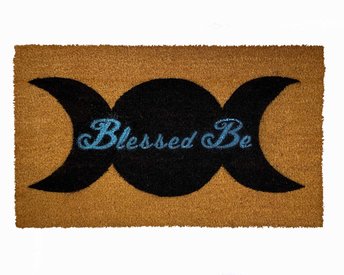 coir sustainable doormat with WICCAN  Moon and words Blessed be image on it