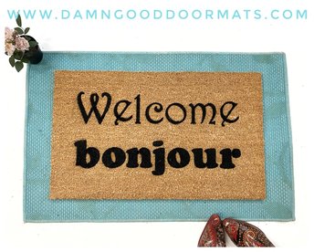Bilingual English French bonjour welcome coir mat damn good doormat
