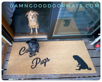 DOUBLEWIDE Casa de Pugs sustainable coir doormat with little black pug and terri