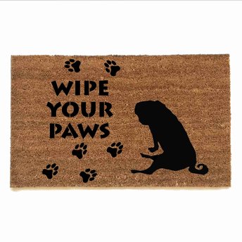 sustainable coir doormat with pug portrait, paw prints reading "wipe your paws"