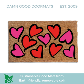 valentines day coir damn good doormat with pink and red hearts all over
